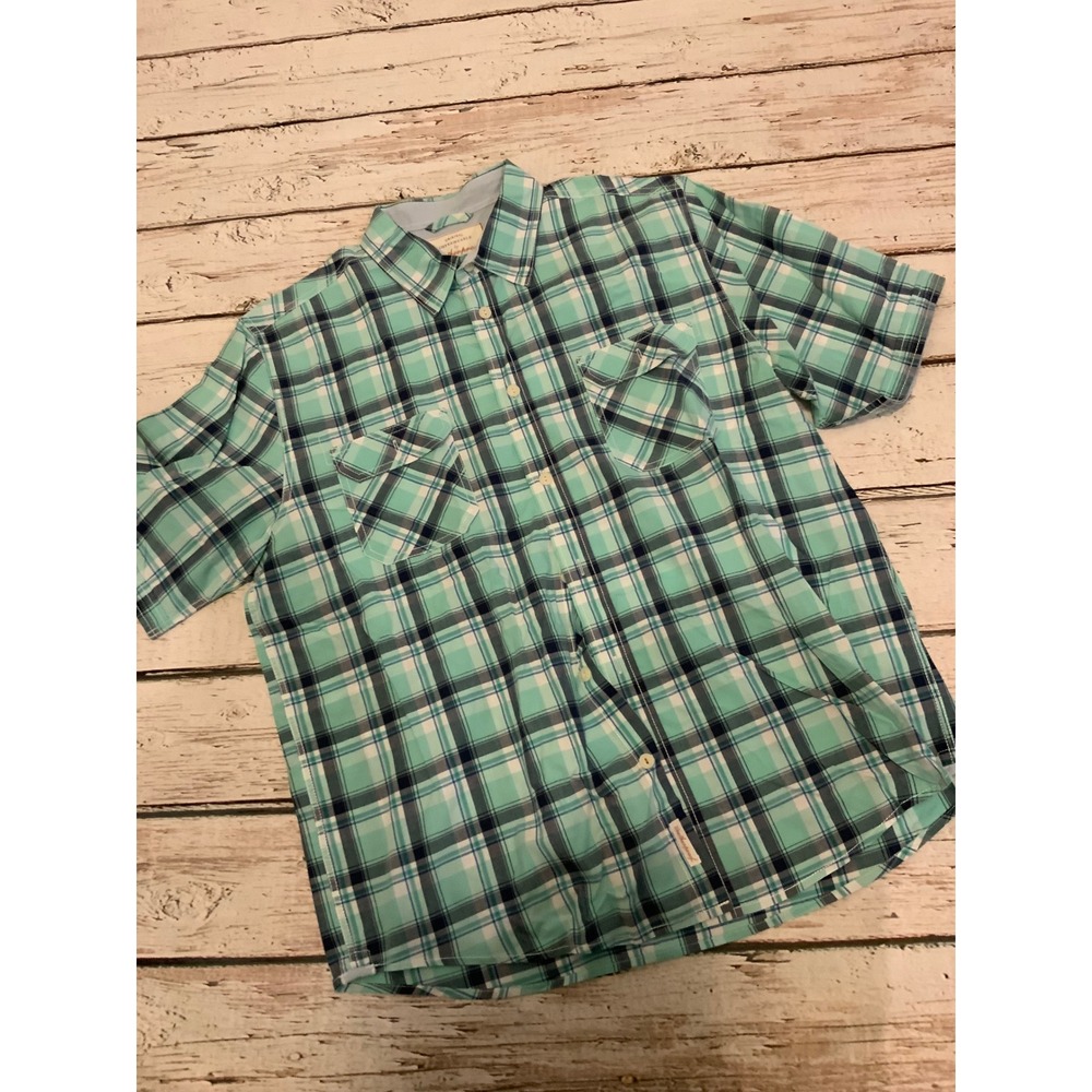 Weatherproof Vintage Mens Large Short Sleeve Plaid Button Down Shirt Mint Green